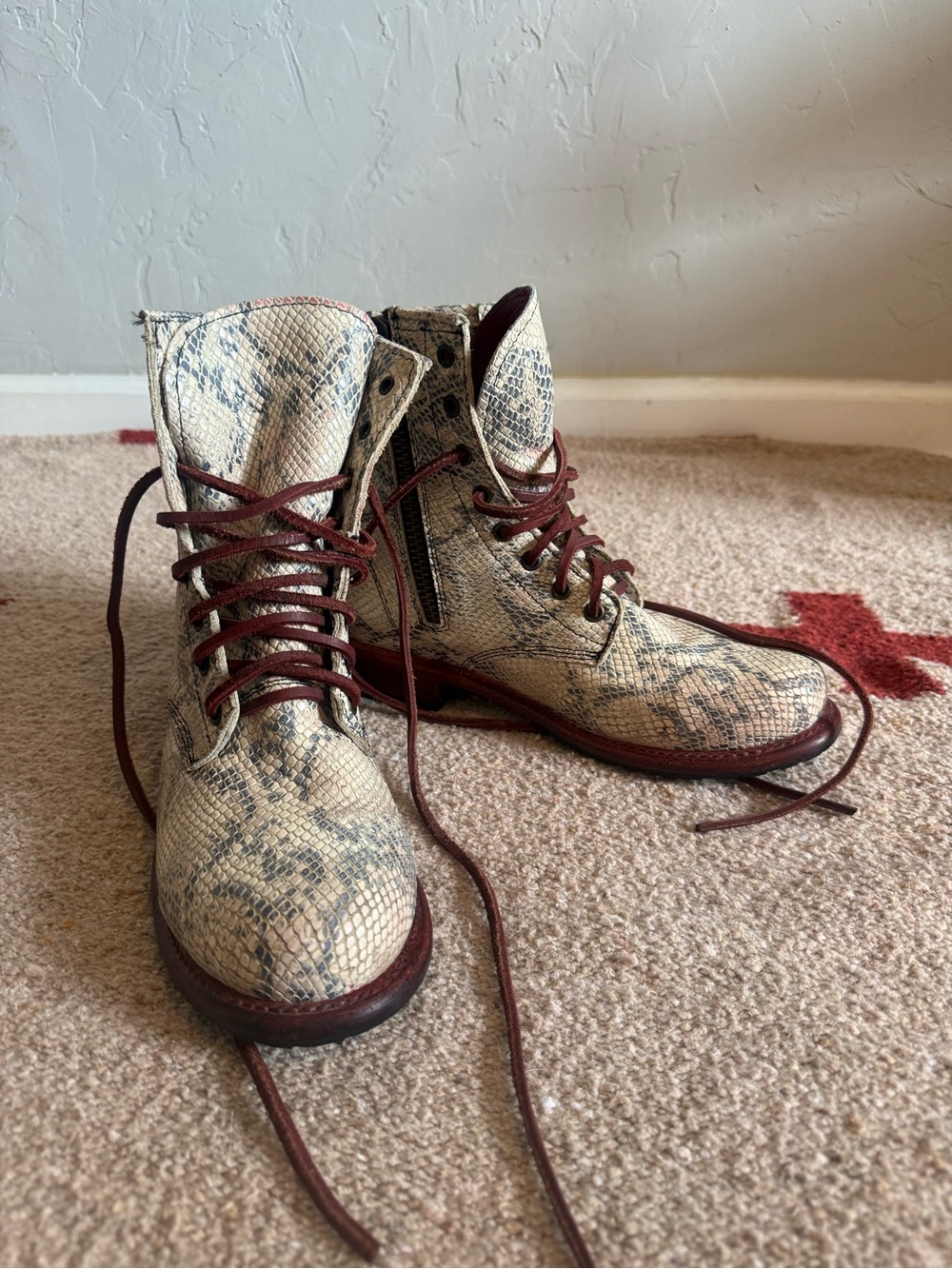 Freebird by Steven Snake-Print Lace-Up Ankle Boots in Cream and Burgundy